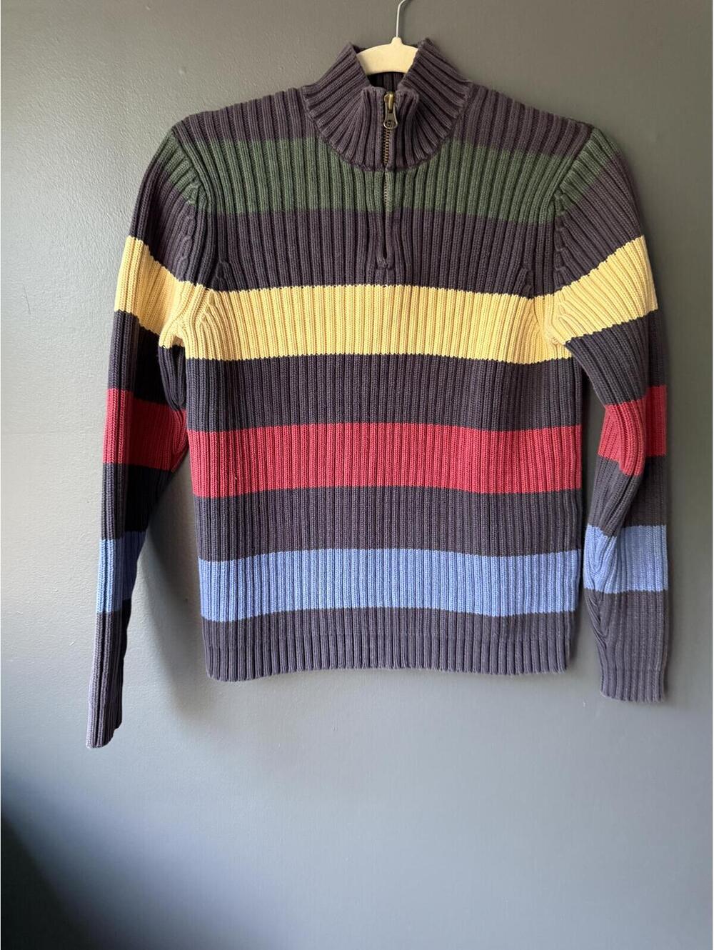 Lands' End Ribbed Half-Zip Sweater in Brown with Multicolor Stripes